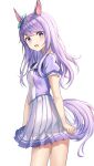  1girl absurdres animal_ears aqua_ribbon blush ear_ribbon highres horse_ears horse_girl horse_tail long_hair looking_at_viewer mejiro_mcqueen_(umamusume) open_mouth pleated_skirt purple_hair ribbon school_uniform short_sleeves simple_background skirt solo tail thighs tracen_school_uniform umamusume violet_eyes white_background white_skirt zeroillya 