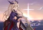  1girl absurdres alternate_costume artoria_pendragon_(fate) artoria_pendragon_(lancer_alter)_(fate) bangs blonde_hair breasts closed_mouth eyebrows_visible_through_hair fate/grand_order fate_(series) freed_turing hair_between_eyes highres large_breasts long_hair looking_at_viewer navel sideboob simple_background smile solo under_boob upper_body yellow_eyes 