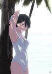  1girl armpits bangs beach black_hair blue_eyes bow breasts coconut_tree commentary_request dappled_sunlight from_side hair_between_eyes hair_tie head_tilt houshou_(kancolle) kantai_collection light_blush long_hair looking_at_viewer mihama_machi ocean one-piece_swimsuit palm_tree shadow small_breasts smile solo sunlight swimsuit tree tree_shade tying_hair white_bow white_swimsuit 