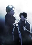  2boys black_hair blonde_hair blue_eyes coat commentary_request erwin_smith gun height_difference holding holding_gun holding_weapon levi_(shingeki_no_kyojin) male_focus mochizuki_shishimaru multiple_boys shingeki_no_kyojin short_hair weapon 