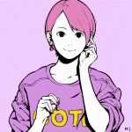  1girl black_eyes earrings hands_up highres jewelry looking_at_viewer original print_shirt purple_background purple_hair purple_nails purple_shirt purple_theme shadow shirt short_hair simple_background smile solo upper_body yoshi_mi_yoshi 