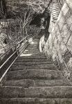 commentary_request crosshatching greyscale hatching_(texture) highres ibsukionsen monochrome no_humans original outdoors railing scenery stairs stone_wall traditional_media tree wall 