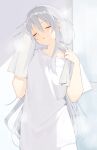  1girl buran_buta closed_eyes collarbone commentary commission drying drying_hair hands_up highres indoors long_hair long_shirt original parted_lips shirt skeb_commission solo sweat t-shirt towel towel_around_neck upper_body white_hair white_shirt white_towel 