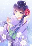  1girl black_hair closed_mouth commentary_request floral_print flower hair_flower hair_ornament hands_up japanese_clothes kimono light_blush long_hair long_sleeves looking_at_viewer nagidango original purple_kimono red_flower smile solo violet_eyes wide_sleeves 