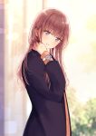  1girl black_jacket brown_hair closed_mouth commentary_request hand_up head_tilt jacket light_blush long_hair long_sleeves looking_at_viewer nagidango open_clothes open_jacket orange_shirt original shirt smile solo upper_body violet_eyes watch watch 