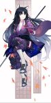  1girl animal_ears arknights autumn_leaves bangs beads black_hair brown_eyes chinese_commentary cigarette_p commentary_request dog_ears geta hand_up highres japanese_clothes kimono knee_pads leaf long_hair looking_at_viewer pants parted_lips prayer_beads purple_kimono purple_pants saga_(arknights) socks solo very_long_hair white_background white_legwear 