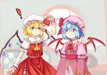  ! 2girls absurdres ascot bat_wings blonde_hair blue_hair commentary_request crystal dress empty_eyes flandre_scarlet hat height_conscious highres mirukuro092 mob_cap multiple_girls pink_dress puffy_short_sleeves puffy_sleeves red_eyes red_skirt remilia_scarlet short_sleeves siblings sisters skirt touhou touhou_cannonball wings wrist_cuffs 