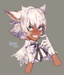  1boy animal_ears blue_eyes cat_ears final_fantasy final_fantasy_xiv gloves green_eyes grey_background grin hands_up heterochromia looking_at_viewer male_focus miqo&#039;te pigeon666 portrait signature simple_background slit_pupils smile solo white_gloves white_hair 