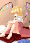  1girl :3 absurdres barefoot blonde_hair book crystal dress flandre_scarlet highres mirukuro092 mononobe_no_futo no_hat no_headwear one_side_up puffy_sleeves red_dress red_eyes sitting solo touhou wings 
