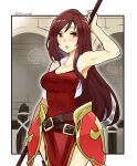  1girl altena_(fire_emblem) arm_up armor bare_shoulders belt belt_buckle blush breasts brown_eyes brown_hair buckle collarbone fire_emblem fire_emblem:_genealogy_of_the_holy_war headband holding holding_weapon long_hair open_mouth solo solo_focus weapon white_headband yukia_(firstaid0) 