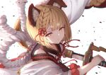 1girl animal_ears blonde_hair commentary_request dog_ears dog_girl erune granblue_fantasy hair_ornament highres holding holding_sword holding_weapon katana kimblee looking_at_viewer rope shimenawa simple_background solo sword upper_body vajra_(granblue_fantasy) weapon white_background yellow_eyes 
