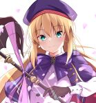  1girl artoria_pendragon_(all) artoria_pendragon_(caster)_(fate) asashin_(asn) bangs black_gloves blonde_hair bow bowtie cape closed_mouth eyebrows_visible_through_hair fate/grand_order fate_(series) gloves hair_between_eyes hat highres holding holding_staff long_hair long_sleeves looking_at_viewer messy_hair petals purple_cape purple_headwear shirt sidelocks smile solo staff upper_body white_shirt wrist_cuffs 