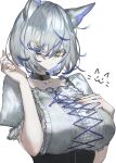  absurdres animal_ear_fluff animal_ears blue_hair cat_hair_ornament collar dress hair_ornament hairclip hand_on_breast hand_on_own_chest highres ichini_(aaaraaaaaaaaa) multicolored_hair original shirt white_background white_dress white_hair white_shirt yellow_eyes 