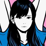  1girl arms_behind_head arms_up black_hair blue_shirt expressionless flat_color grey_eyes hair_behind_ear highres long_hair looking_at_viewer original pink_background shirt short_sleeves simple_background solo yoshi_mi_yoshi 