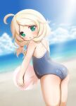  1girl ahoge ass ball beach beachball blonde_hair blue_swimsuit clouds from_behind green_eyes highres hosizora_mikoto idolmaster idolmaster_cinderella_girls long_hair looking_at_viewer looking_back low_twintails ocean one-piece_swimsuit open_mouth outdoors school_swimsuit sky solo swimsuit thighs twintails yusa_kozue 