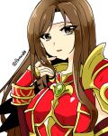  1girl altena_(fire_emblem) armor bangs breastplate brown_eyes brown_hair fire_emblem fire_emblem:_genealogy_of_the_holy_war headband lips long_hair looking_at_viewer open_mouth parted_bangs shoulder_armor simple_background solo solo_focus white_background white_headband yukia_(firstaid0) 