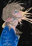 1boy bangs blonde_hair blue_eyes blue_tunic blush character_name copyright_name earrings eyelashes floating_hair highres jewelry kaninn link long_hair male_focus pointy_ears solo the_legend_of_zelda the_legend_of_zelda:_breath_of_the_wild upper_body 