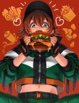  1girl absurdres belt black_gloves brown_eyes brown_hair burger cheese cropped_jacket dripping eyebrows_visible_through_hair fingerless_gloves food food-themed_background gloves green_pants hair_between_eyes hat heart highres holding holding_food lettuce long_sleeves medium_hair midriff navel open_mouth original pants pmiy0711 red_background solo tomato upper_body zipper zipper_pull_tab 