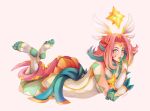  1girl absurdres bare_legs bare_shoulders blush body_markings feet finger_to_mouth floating floating_object gloves green_eyes green_gloves green_hair hans_ft headgear highres league_of_legends long_hair looking_at_viewer lying multicolored multicolored_hair neeko_(league_of_legends) on_stomach orange_skirt parted_lips pink_background pink_hair signature simple_background skirt solo star_(symbol) star_guardian_(league_of_legends) star_guardian_neeko symbol-shaped_pupils tail tail_wrap white_footwear yellow_pupils 