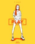  1girl black_eyes breast_pocket english_text flat_color full_body halftone highres long_hair looking_at_viewer orange_hair original pocket roller_skates shirt shorts simple_background skates socks solo standing white_footwear white_shirt white_shorts yellow_background yoshi_mi_yoshi 