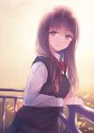  1girl black_vest bow bowtie brown_hair closed_mouth commentary_request light_smile long_hair long_sleeves looking_at_viewer nagidango original red_neckwear school_uniform shirt solo sunset sweater_vest uniform upper_body vest violet_eyes white_shirt 