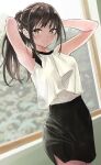  1girl absurdres anno_masato arms_behind_head black_skirt brown_eyes brown_hair closed_mouth hands_in_hair highres indoors long_hair looking_at_viewer original pencil_skirt ponytail shirt skirt sleeveless sleeveless_shirt smile solo standing white_shirt window 
