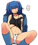  1girl absurdres backpack bag black_tank_top blue_eyes blue_hair breasts groin hair_bobbles hair_ornament highres kaauchi kawashiro_nitori key mars_symbol medium_breasts navel no_hat no_headwear no_pants open_mouth panties smile solo strap_slip tank_top touhou two_side_up underwear white_panties 