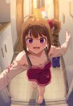  1girl :d ahoge bangs barefoot blurry blurry_background boots brown_hair commentary depth_of_field downblouse dress drill_hair eyebrows_visible_through_hair from_above hair_ornament hair_scrunchie heart idolmaster idolmaster_million_live! indoors kamille_(vcx68) leaning_forward long_sleeves looking_at_viewer medium_dress medium_hair off-shoulder_dress off_shoulder open_mouth opening_door pov purple_footwear red_dress red_scrunchie scrunchie side_drill side_ponytail smile solo sparkle standing tile_floor tiles violet_eyes yokoyama_nao 