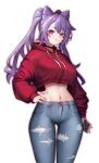  1girl absurdres blush cellphone choker cropped_hoodie dalman denim genshin_impact hair_cones highres hood hoodie jeans keqing_(genshin_impact) long_hair looking_at_viewer midriff navel pants phone phone_with_ears purple_hair torn_clothes torn_jeans torn_pants twintails violet_eyes wide_hips 