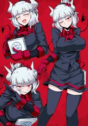  1girl ascot black_gloves black_legwear breasts clenched_teeth commentary demon_girl demon_tail english_commentary gloves helltaker highres holding horns large_breasts long_sleeves looking_at_viewer lucifer_(helltaker) mole mole_under_eye multiple_views one_eye_closed open_mouth red_background red_eyes red_gloves red_neckwear shimure_(460) short_hair simple_background smile solo standing tail teeth thigh-highs two-tone_gloves white_hair white_horns 