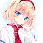  1girl alice_margatroid bangs blonde_hair blush capelet closed_mouth duplicate eyebrows_visible_through_hair hair_between_eyes hairband hand_up head_tilt long_sleeves looking_at_viewer nanase_nao pixel-perfect_duplicate red_hairband solo touhou upper_body white_capelet 