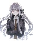  1girl bangs black_gloves black_ribbon blunt_bangs braid closed_mouth collared_shirt commentary_request crossed_arms dangan_ronpa:_trigger_happy_havoc dangan_ronpa_(series) eyebrows_visible_through_hair gloves hair_ornament hair_ribbon jacket kirigiri_kyouko long_hair long_sleeves looking_at_viewer necktie open_clothes open_jacket ribbon shirt side_braid single_braid solo twitter_username upper_body violet_eyes white_shirt z-epto_(chat-noir86) 