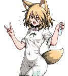 1girl animal_ears blonde_hair breasts corked_bottle covered_navel cowboy_shot finger_touching formicid fox_ears fox_girl fox_shadow_puppet fox_tail green_ribbon holding_test_tube jumpsuit kudamaki_tsukasa onesie open_mouth ribbon romper sharp_teeth short_hair simple_background small_breasts tail teeth test_tube touhou white_background white_jumpsuit yellow_eyes 