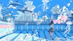  1girl black_hair black_skirt blue_sky building clouds cloudy_sky dolphin empty_pool fence from_behind highres ichigoame jellyfish long_hair long_sleeves original outdoors shadow shirt skirt sky solo standing tree water white_shirt wide_shot 