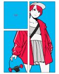  1girl baseball_cap black_eyes blue_background border earrings flat_color halftone hat jacket jewelry looking_at_viewer original parted_lips pleated_skirt red_jacket redhead short_hair simple_background skateboard skirt solo white_border yoshi_mi_yoshi 