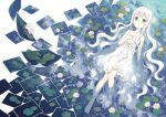  104 1girl bangs bare_legs bare_shoulders barefoot dress flower green_eyes hand_on_own_chest highres long_hair lotus lying on_back original parted_lips solo very_long_hair water white_dress white_hair 