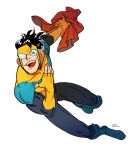  1boy black_hair boots costume_change fingerless_gloves gloves goggles invincible_(character) invincible_(series) mambukk shirt_removed solo solo_focus spandex superhero western_comics 