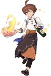  1boy ahoge alcohol apron arc_(world_flipper) artist_request bangs belt black_apron black_footwear black_pants blue_ribbon blush bottle brown_hair chef closed_mouth cloth collarbone collared_shirt cooking eyebrows_visible_through_hair fire food frying_pan full_body happy highres holding holding_bottle holding_frying_pan leg_up light_blush looking_at_viewer male_focus non-web_source official_art one_eye_closed pants ribbon shiny shiny_hair shirt shoes short_hair sidelocks smile solo standing standing_on_one_leg transparent_background undershirt waist_apron white_shirt wine wine_bottle world_flipper 
