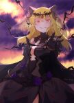  1girl animal_ears black_dress blonde_hair breasts commentary_request dress evil_grin evil_smile facing_viewer grin highres isabeau_de_baviere long_hair looking_at_viewer magia_record:_mahou_shoujo_madoka_magica_gaiden magical_girl mahou_shoujo_madoka_magica medium_breasts outstretched_arm red_eyes smile solo teeth un_nm5sy upper_body 