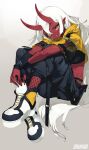  1girl black_nails black_pants colored_skin fingernails fishnets highres horns jacket long_fingernails long_hair looking_at_viewer midriff oni oni_horns orange_eyes original orihira pants parted_lips pointy_ears red_skin scar shoes sneakers solo sportswear white_hair yellow_jacket 