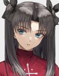  1girl bangs black_bow black_hair blue_eyes bow commentary_request eyebrows_visible_through_hair fagi_(kakikaki) fate/stay_night fate_(series) grey_background hair_bow hair_ribbon long_hair looking_at_viewer parted_bangs parted_lips red_sweater ribbon shiny shiny_hair simple_background solo sweater teeth tohsaka_rin two_side_up upper_body 