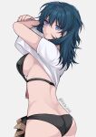  1girl absurdres arms_up ass bangs bikini black_bikini blue_eyes blue_hair breasts byleth_(fire_emblem) byleth_eisner_(female) clothes_lift commentary cowboy_shot fire_emblem fire_emblem:_three_houses grey_background hair_between_eyes highres large_breasts long_hair looking_at_viewer shimizu_akina shirt shirt_lift short_sleeves simple_background solo standing swimsuit twitter_username white_shirt 