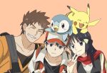  1girl 2boys backpack bag baseball_cap black_eyes black_hair brock_(pokemon) brown_hair closed_eyes hikari_(pokemon) expressionless gen_1_pokemon gen_4_pokemon grey_eyes grin hair_ornament hairclip hat long_hair multiple_boys on_head pikachu piplup pokemon pokemon_(creature) pokemon_(game) pokemon_dppt pokemon_hgss pokemon_on_head red_(pokemon) red_scarf scarf short_hair smile starter_pokemon taoru_(t_kiji) v 