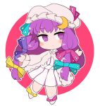  1girl aqua_ribbon bangs bow circle closed_mouth crescent crescent_pin dress eyebrows_visible_through_hair footwear_bow full_body hair_ribbon hat hat_ribbon ini_(inunabe00) long_hair looking_at_viewer looking_to_the_side mob_cap multiple_bows patchouli_knowledge pink_ribbon purple_bow purple_hair purple_ribbon ribbon sidelocks simple_background solo striped striped_dress touhou white_footwear white_headwear yellow_bow yellow_ribbon 
