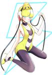  1girl bangs bare_arms blonde_hair blue_eyes blunt_bangs blush bright_pupils choker closed_mouth collarbone commentary_request elesa_(pokemon) gen_5_pokemon gym_leader hand_up headphones high_heels highres joltik noto-kanna on_head pantyhose pokemon pokemon_(creature) pokemon_(game) pokemon_bw pokemon_on_head shiny shiny_hair short_hair sitting white_pupils yellow_footwear 