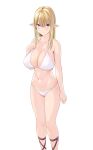  1girl absurdres bangs bikini blonde_hair blue_eyes blunt_bangs breasts closed_mouth collarbone commentary_request eyebrows_visible_through_hair highres large_breasts long_hair marui_koishi navel original pointy_ears simple_background smile solo standing swimsuit white_background white_bikini 