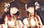  black_hair blush breasts hinoa japanese_clothes kimono long_hair minoto monster_hunter monster_hunter_(series) monster_hunter_rise p_felyne pointy_ears siblings twins 