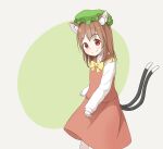  1girl animal_ear_fluff animal_ears bow bowtie brown_eyes brown_hair cat_ears cat_tail chen dress feet_out_of_frame gold_trim green_background hat jewelry keyakko light_blush looking_at_viewer medium_hair mob_cap multiple_tails nekomata red_dress simple_background single_earring smile solo tail touhou two_tails yellow_neckwear 