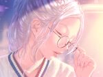  1girl a.x. black-framed_eyewear blurry blurry_background blush closed_eyes fingernails glasses hand_on_eyewear light_particles light_rays long_hair original parted_lips pink_lips ponytail round_eyewear solo teeth upper_body upper_teeth white_hair 