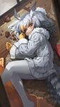  bird_girl bird_tail bird_wings blonde_hair blush coat eyebrows_visible_through_hair fur_collar gloves grey_hair hair_between_eyes head_wings highres kemono_friends long_sleeves looking_at_viewer lying melaton multicolored_hair no_shoes northern_white-faced_owl_(kemono_friends) on_floor on_side orange_eyes owl_ears pantyhose short_hair tail white_coat white_fur white_hair white_legwear wings winter_clothes winter_coat yellow_gloves 